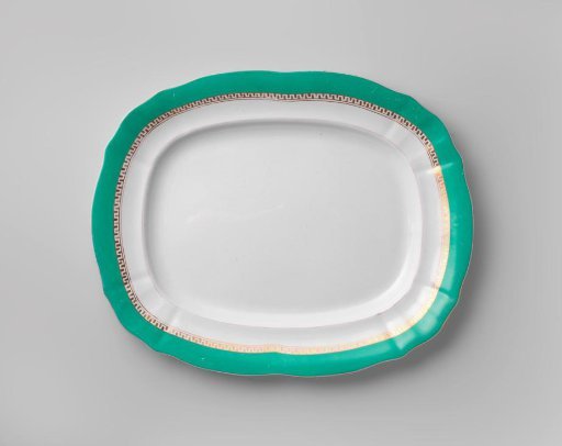 Bowl, oblong, with a green rim and a golden Greek band