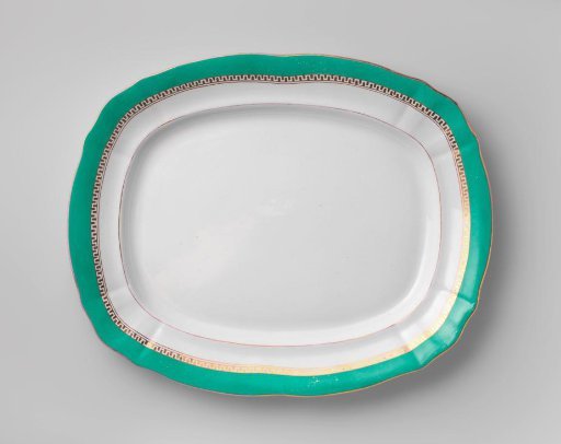 Bowl, oblong, with a green rim and a golden Greek band