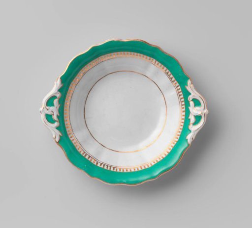 Plate, round, with a green border and a golden Greek band