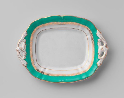 Platter, oblong, with a green border and a golden Greek band