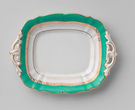 Dish, elongated, with green border and golden Greek band
