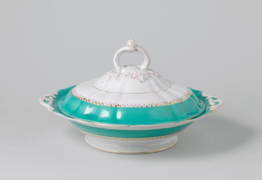Covered dish, round, with a green rim and a golden Greek band