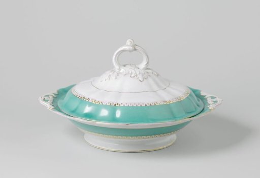 Covered dish, round, with green rim and golden Greek band