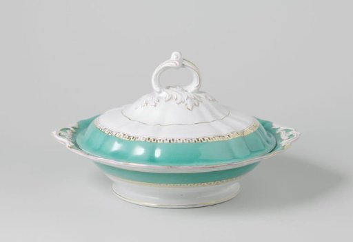Covered dish, round, with green rim and golden Greek band