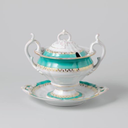 Lid, on a fixed underplate, with a green rim and a golden Greek band
