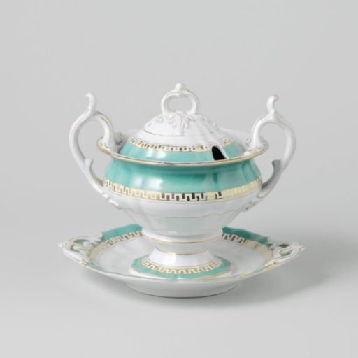 Tureen with lid, on a fixed saucer, with a green rim and a golden Greek band