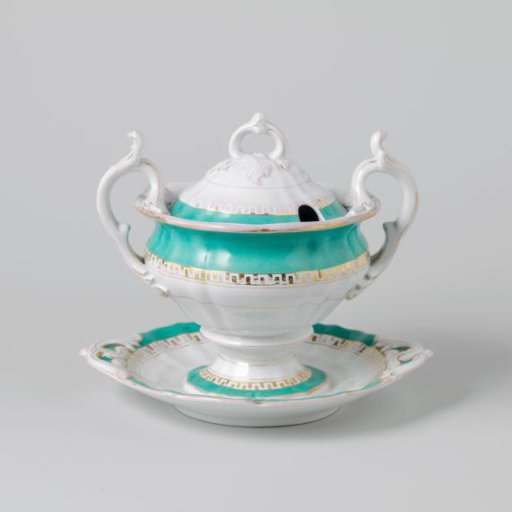 Tureen, on a fixed underplate, with a green rim and a golden Greek band