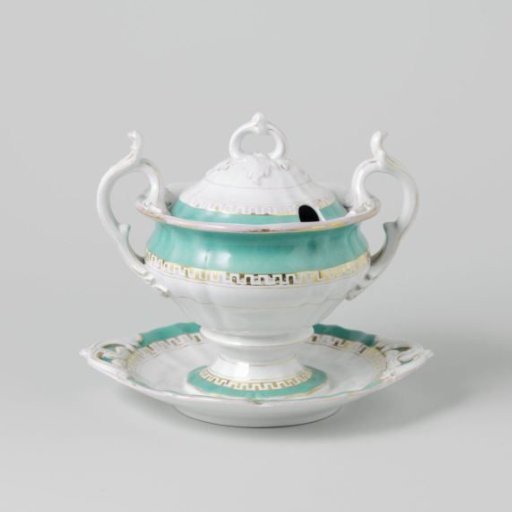 Tureen with lid, on a fixed saucer, with a green rim and a golden Greek band