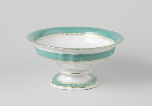 Bowl on a foot with a green rim and a golden Greek band
