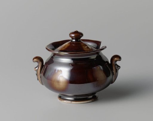 Sugar bowl with lid, brown with light spots