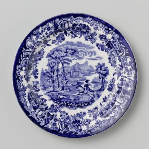 Plate with a rider with a dog before a castle on the field