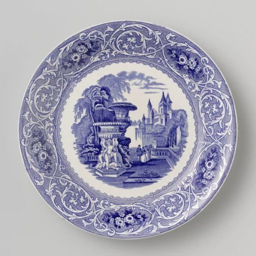 Plate with a walking company in a garden on the field