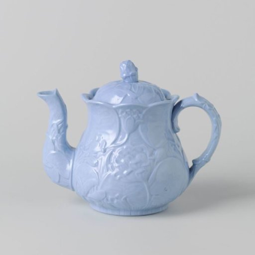 Teapot with lid, blue, with leaves and flowers in relief