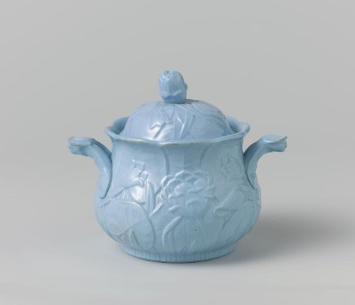 Sugar Pot, Blue, with Leaves and Flowers in Relief