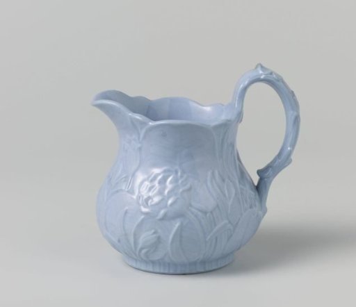 Milk jug, blue, with leaves and flowers in relief