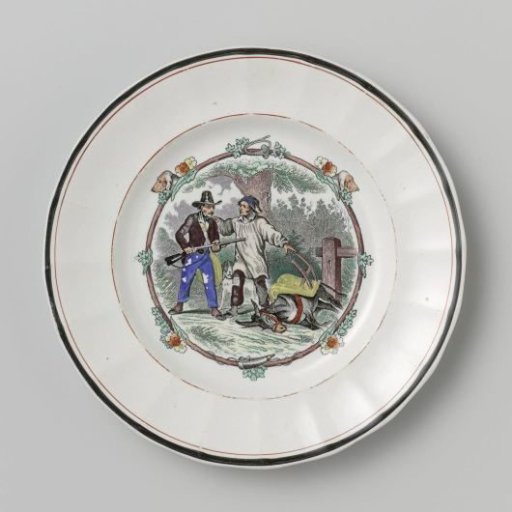 Plate with a flat surface depicting two men and a dead donkey