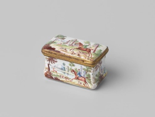 Snuffbox, Rectangular, of Enamelled Copper with Polychrome Painting Depicting Hunting Scenes.