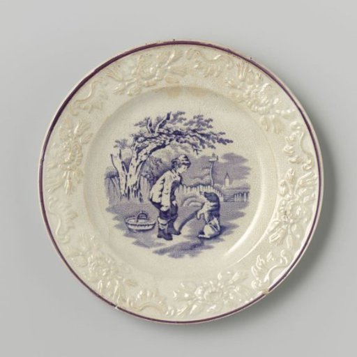 Plate with a scene on the flat surface of a boy and a dog smoking a pipe