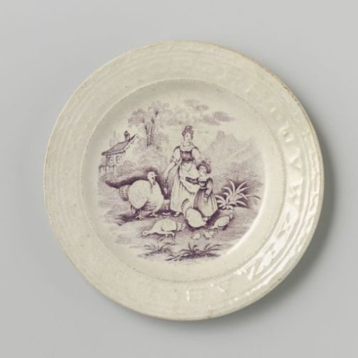 Platter with a woman and a girl feeding turkeys