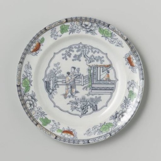 Platter with a house and a garden in which two women are walking