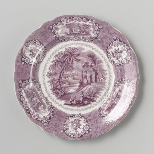 Platter with three men in a landscape with Arab buildings