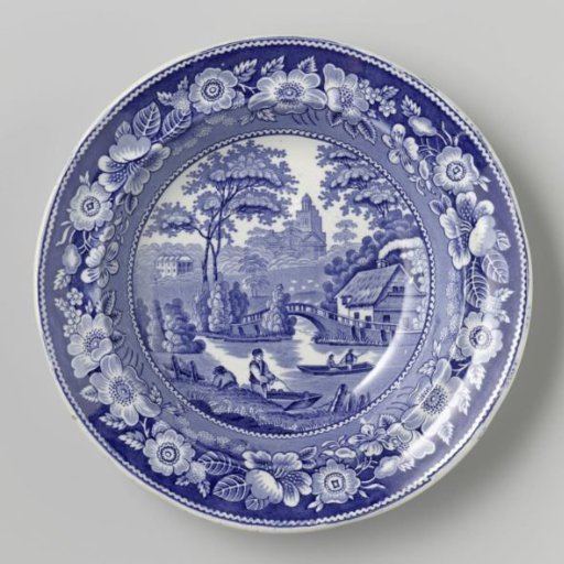 Plate with two pairs of men in a boat on the surface
