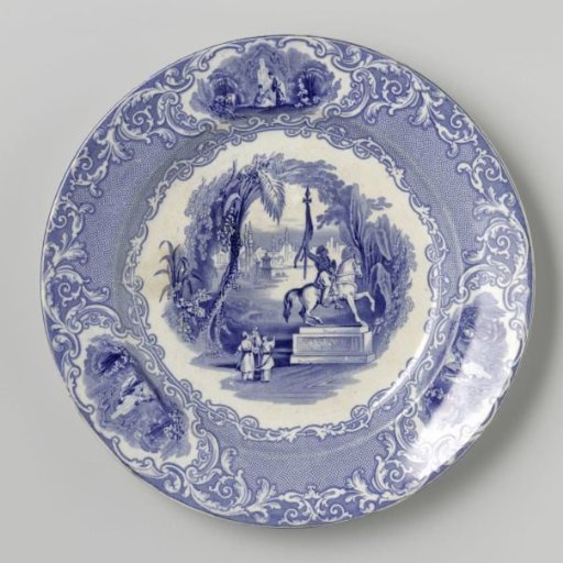 Plate with three men at the foot of an equestrian statue on the surface