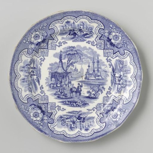 Plate with several men with horses and a temple on the ground