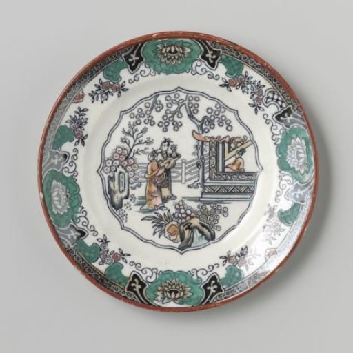 Plate with a house with a garden, in which two women are walking