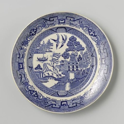 Panel with a Chinese landscape with buildings and three figures on a bridge on the ground