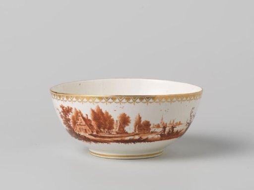 Spool bowl, painted with a river landscape with farms and figures in a boat