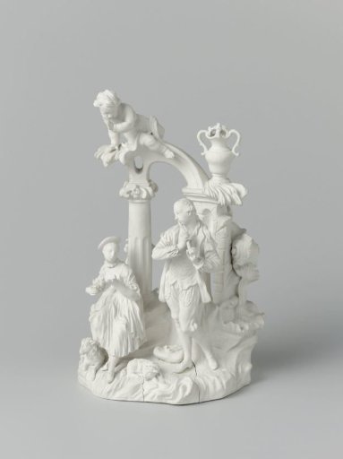Figure group of a shepherd, and shepherdess near a ruin