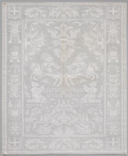 Tablecloth of linen damask with a historical scene