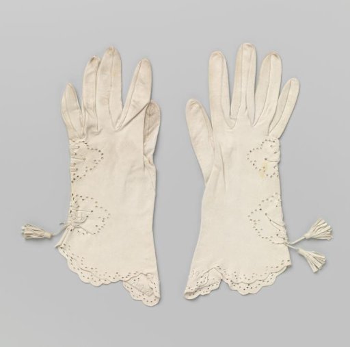 Left glove of white leather, with sculpted cuff and decorated with perforations