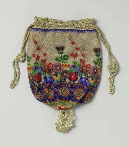 Pouch, woven with a pattern of multicoloured flowers of beads, with a silk drawstring