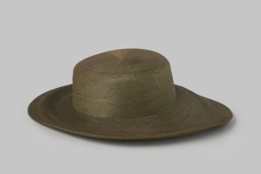 Hat of bottle-green ribbon straw with large flat crown and wide brim