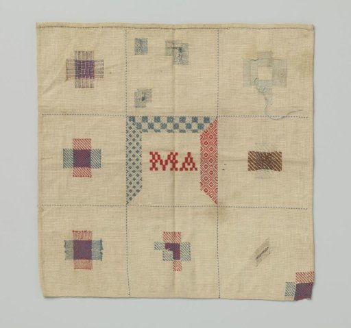 Patch of multicoloured silk on cotton