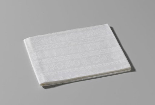 Damask napkin with ornamented longitudinal stripes within a border with volutes, flowers and a flower basket.