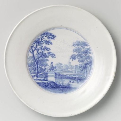 Plate with an image of a rider in a landscape with bridge, church and farm