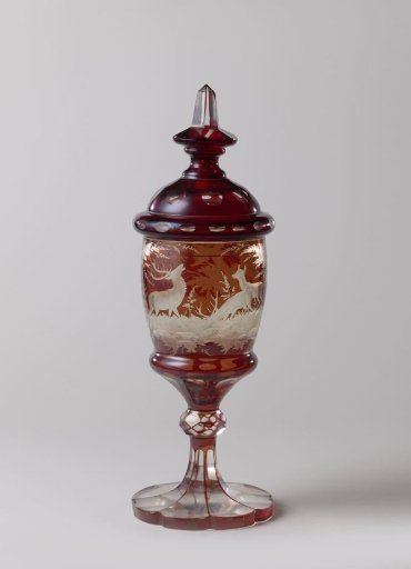 Tankard with lid, depicting a forest scene with three stags