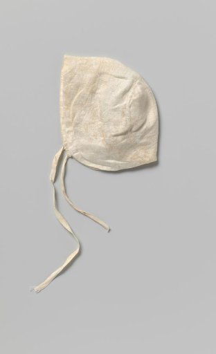 Child's cap of white damask, with a broad band; marked: AM4