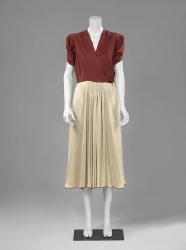 Japon with bodice of wine-red ribbed satin and bell skirt of beige satin, part of ensemble