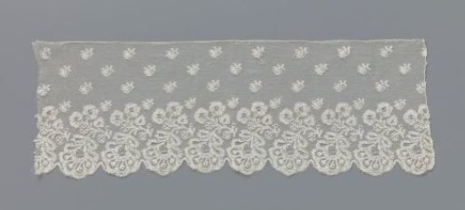 Strip of bobbin lace with hanging flowers in shell border