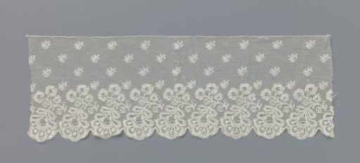 Strip of bobbin lace with hanging flowers in shell border