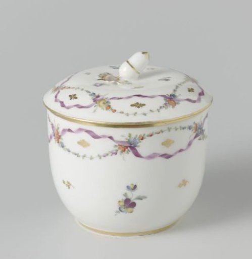 Sugar bowl, painted with scattered flowers and gold sequins