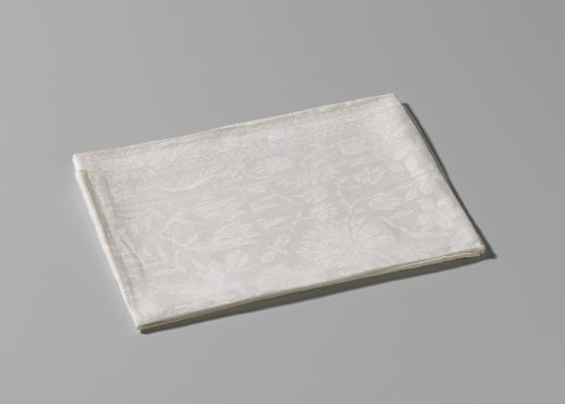 Napkin of white linen damask with coupled arms of Von Inn- und Kniphausen and Van Ewsum