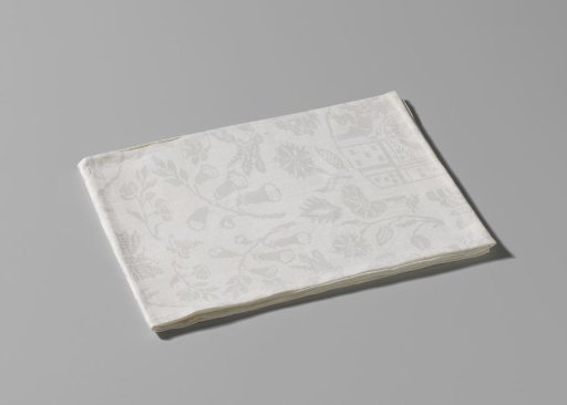 White linen damask napkin with the impaled coats of arms Von Inn- und Kniphausen and Van Ewsum