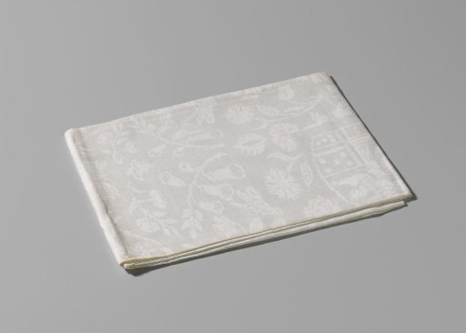 White linen damask napkin with the impaled coats of arms Von Inn- und Kniphausen and Van Ewsum