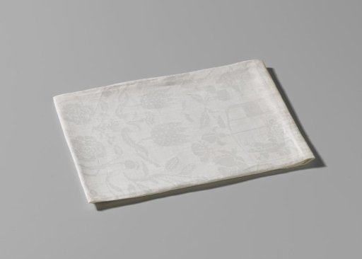 Tablecloth of white linen damask with the impaled arms of Von Inn- und Kniphausen and Van Ewsum