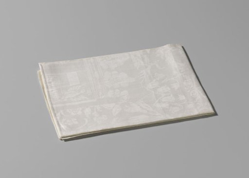 Tablecloth of white linen damask with the impaled arms of Von Inn- und Kniphausen and Van Ewsum